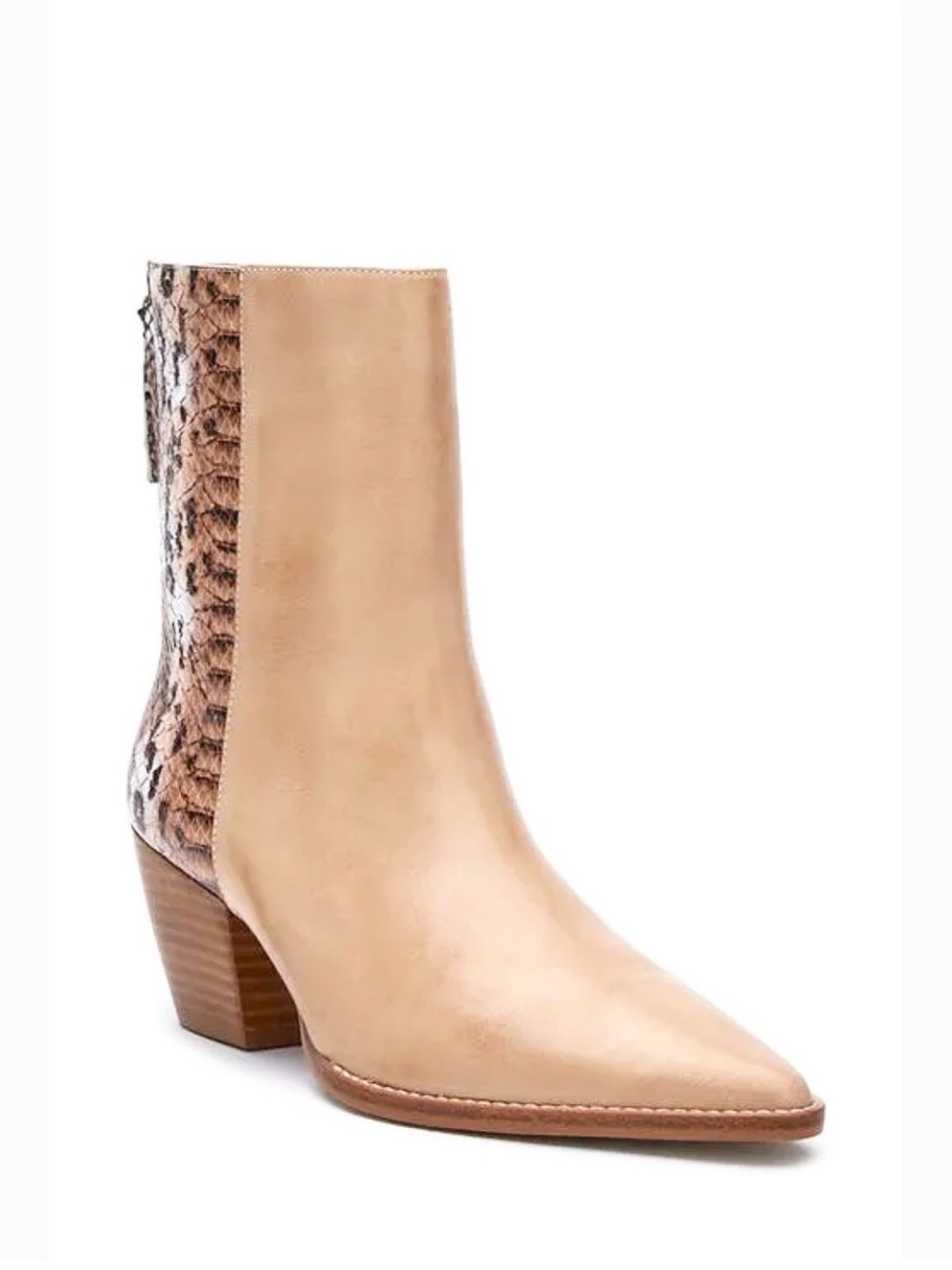 Matisse CARSON Tan White Leather Snakeskin Print Pointed Toe Heeled Boots